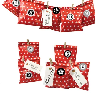 Frau WunderVoll® DIY ADVENTSKALENDER BESCHERUNG zum Befüllen, rot Stern, Ziffern grau, Papiertueten flach 13x16,5cm / Weihnachten, Papiertüten, Kinder, Zahlen, Geschenkbeutel, Aufkleber