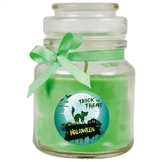 HS Candle Duftkerze (Dekokerze, 1-tlg), Halloween - Kerze im Bonbon Glas, Ideale Herbstdeko grün Ø 7 cm x 7 cm x 10 cm x 7 cm