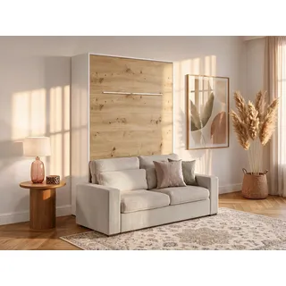 Schrankbett + Sofa - 160 x 200 cm - Manuelle vertikale Öffnung - Mit LED-Beleuchtung - Weiß & Holzfarben - RAPILI