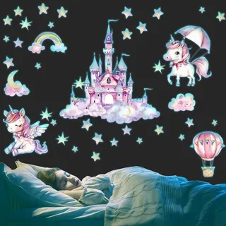 DEFGNOP Einhorn Wandtattoo Kinderzimmer Leuchtsterne, Wandsticker Kinderzimmer Mädchen, Leuchtaufkleber Wandsticker Selbstklebend Babyzimmer Deko Geschenke für Mädchen
