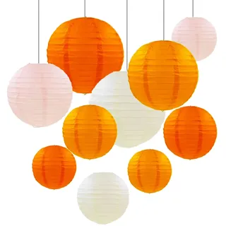 ZYOOO 10 Stück Orange Beige Papierlaterne Lampion rund Lampenschirm (Set 4 Farben à 25cm, 20cm, 15cm, 10cm) Lampions für Hochzeit, Gartenparty, Bride to Be Deko, Herbst Deko
