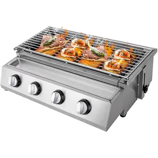 4 Brenner Gasgrill, BBQ Tischgrill, Tragbarer Campinggrill, Edelstahl Gastrobräter, Gasbräter Bräter, Outdoor Gaskocher, Barbecue Butan Griller, Seitenkocher Grill Tischplatte, Rauchfreie