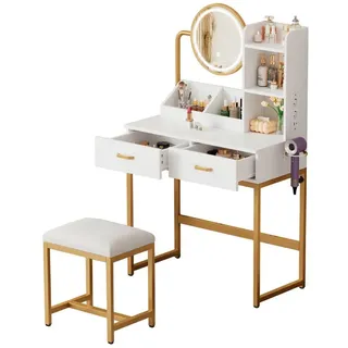 REDOM Schminktisch Eck-Schminktisch (Moderner Schminktisch mit LED-Beleuchtung, Drehspiegel & Steckdosen, 2 Schubladen + Ablageflächen, Hocker & gold/schwarz Metallbeine., 1-St., B80D40/H138.5 cm) 80 cm x 138.5 cm x 40 cm