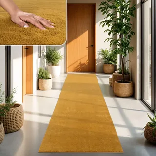 TT Home Wohnzimmer Teppich Kurzflor Anti-Rutsch Rückseite Unifarben Modern Waschbar, Farbe: Dunkelgelb Senfgelb, Größe:80x150 cm