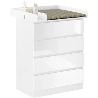 WOLTU Wickelkommode mit abnehmbarem Wickelaufsatz, Wickeltisch Baby | Mit 4 Schubladen, Höhe 110 cm, Weiß + Hochglanz