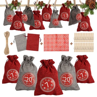 Yakimz 24 Adventskalender zum Befüllen, Adventskalender Stoffbeutel Säckchen mit 1-24 Sackleinen Taschen Jutesäckchen,Rot/Grau