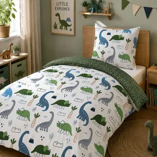 Dinosaurier Bettwäsche 135x200 80x80 cm 2-teiliges Set Motiv "Happy Dinos" aus 100% Baumwolle mit Reißverschluss - Grün/Weiß
