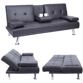 3er-Sofa MCW-F60, Couch Schlafsofa Gästebett, Tassenhalter verstellbar 97x166cm ~ Kunstleder, braun