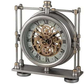 formano Standuhr antik mit sichtbar beweglichen goldenen Zahnrädern 34cm Metall - Silber Clock Batteriebetrieben Dekorative Uhr Industrial Vintage Style Modern