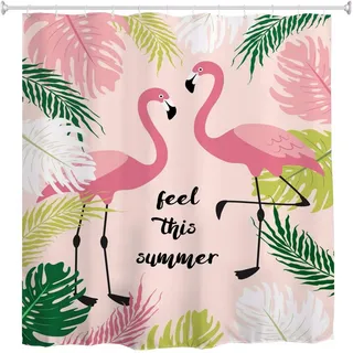 A.Monamour Duschvorhang Aquarell Rosa Flamingo Exotische Tropische Blätter Sommer Strand Bild Drucken Wasserdicht Polyester Duschvorhang Für Bad Badewanne Zubehör 180X180 cm / 72X72