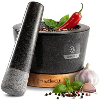 madeco Mörser mit Stößel Granit auf Holzsockel Eiche Ø 14,5 cm - Perfekt geeignet für Gewürze, Kräuter & Nüsse - Steinmörser Set - Design Granit Mörser & Stößel groß