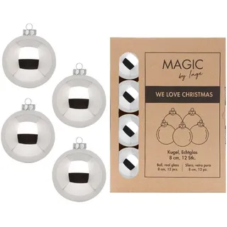 INGE-GLAS Magic Weihnachtskugeln 12 STK 8cm | Schöne Christbaumkugeln aus Glas | Große Kugeln in Karton-Box | Christbaumschmuck Weihnachtsbaumschmuck Weihnachtsbaumkugeln (Shiny Silver)