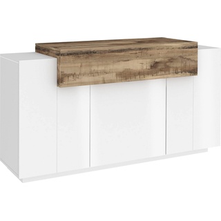 Dmora - Kommode Renzo, Küchen-Sideboard mit 4 Türen, Wohnzimmer-Buffet, 100% Made in Italy, cm 140x45h86, Weiß glänzend und Ahorn