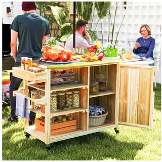 Outsunny Grillwagen 6-Etagen Servierwagen mit Arbeitsfläche Handtuchregal, BBQ Grilltisch aus Holz, Grill Beistelltisch, Outdoor Trolley, Holzkohlegrill für Garten, Terrasse 134,5x50x91,5cm Naturholz