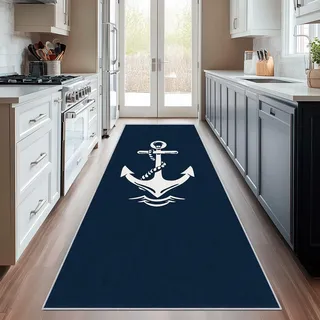 Generisch Läufer Flur Nautisch, Waschbarer Teppich Läufer Küste Maritim Blau 60x160, Küchenteppich, Eingangsbereich, Bettvorleger, Schlafzimmer Deko, rutschfest, Kurzflor e720