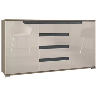 Vladon Sideboard Sylt V1 (Kommode mit 2 Türen und 4 Schubladen, Korpus - Eiche Evoke / Front - Sandgrau Hochglanz), Absetzung - Anthrazit matt (138,5 x 75,5 x 35 cm) grau