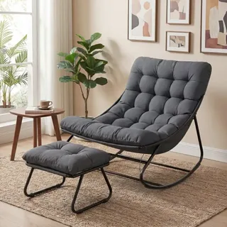 Aoxun Schaukelstuhl Mit Hocker Für Erwachsene, Schaukelliege Wetterfester Relaxstuhl Aus Metall Für Hof, Garten, Balkon, Maximale Belastung Von 160kg, Schwarzgrau