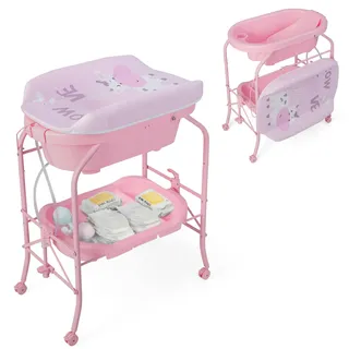 DREAMADE 2 in 1 Wickeltisch & Badewanne mit Gestell, Wickeltisch Klappbar, Wickelkommode auf Rollen mit Bremsen, Badestation Baby ab Geburt bis 15 kg (Rosa)