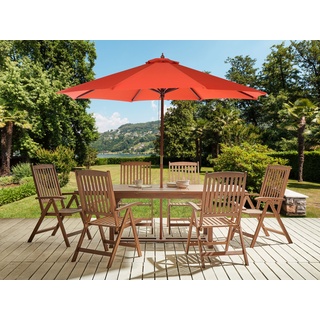 Gartenmöbel Set mit Sonnenschirm rot Akazienholz dunkelbraun 6-Sitzer AMANTEA