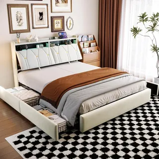 Polsterbett 160x200, Bett 160x200 cm mit 4 Schubladen & LED Beleuchtung & Höhenverstellbarem Kopfteil, Doppelbett mit Stauraum und Integrierter Ladestation, Stauraumbett mit Lattenrost, Ohne Matratze