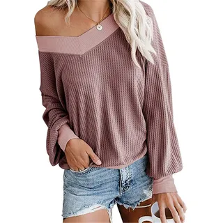 Dreamskull Damen Frauen Pullover Blusen Shirt Longpulli Oberteile Longshirt Bluse Long Locker Elegant Langarm Schulterfrei Tunika Party Stretch Tops T-Shirt - S