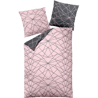 Dormisette Biber Bettwäsche 2tlg grau rosa 2294-93 | Bettwäsche-Set aus 100% Baumwolle | 2 teilige Wende-Bettwäsche 155x220 cm & Kissen 80x80 cm | Geometrisches Muster Linien