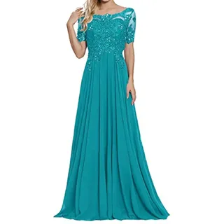 yhfshop Damen Abendkleid,Schulter-Kurzarm-Partykleid mit Spitzenapplikationen-Türkis_48,Hochzeit Kleider Elegant Lang Abendkleid