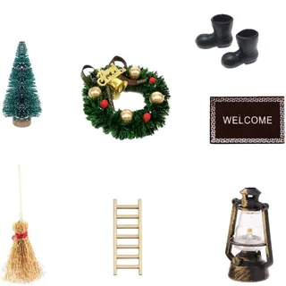 Super Idee Wichteltür Zubehör Set Mini Stiefel Laterne Weihnachtsbaum Dekokranz Holzleiter Besen Zuckerstange Teppichdecke Verzierungen für Miniatur Wichtel Tür Wichteltüren Nissedor Kinderzimmer