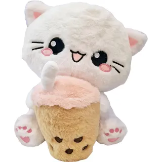 moodrush® Boba Cat | Bubble Tea Katze | Plüschtier Kuscheltier Stofftier Kawaii Kitty | Alle Elemente Bestickt | waschbar | ca. 35x24 cm | Versand aus Deutschland