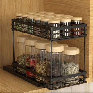 Gewürzregal Ausziehbar Gewürz Organizerfür mit Rollenschienen Gewürzregale | Schrank Organizer Küche 26x11x22,5 cm, 2 Etagen Gewürzaufbewahrung Gewürzregal ohne Bohren für die meisten Küchenschränke