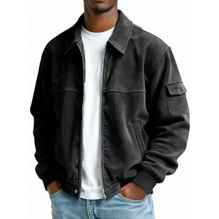 Dyhxuan Hemdjacke Herren Oversize Cordjacke Reißverschluss Übergangsjacke Einfarbig Revers Freizeitjacke Langarm Cordhemd Jacke - XXL