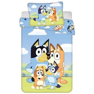 Jerry Fabrics Baby Kinder Bettwäsche Set : Bettdeckenbezug 100x135 cm & Kissenbezug 40x60 cm Wendemotiv Bluey Kinderbettwäsche Bluey Happy Family Kinderbettwäsche Kindergarten blau