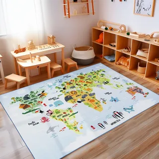 Carpettex Kinderteppich rutschfest | Weltkarte mit Tieren Design 80 x 120 cm | Kein Abwurf | Kurzflor und Waschbarer Spielteppich für Kinderzimmer für Mädchen und Jungen | Blau Meer, Pinguin, Wal