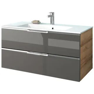 Pelipal Badmöbel-Set Trentino Glas grau/Riviera Eiche quer mit Keramik-Waschtisch 109 cm
