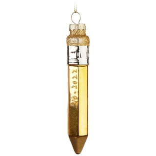 BRUBAKER Bleistift Gold - Handbemalte Weihnachtskugel aus Glas - 12 cm Baumkugel Stift mit Glitzer Radiergummi - Mundgeblasener Christbaumschmuck - Deko Anhänger Figur - Weihnachtsdeko