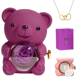 Eunmsi Engraved Heart Necklace with Real Rose Bear Giftbox,Preserved Rose Hug Bear Gifts for Women,Preserved Rose Gifts Set,Eternal Rose Flowers Flip Bear Jewelry Box,for Women's gifts (Purple)