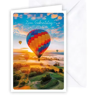 KE - Strahlende Glückwunschkarte zum Geburtstag - Weißer Umschlag - Farbenfroh - Motiv: Heißluftballon und Sonnenuntergang
