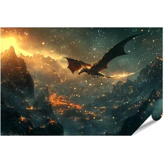 islandburner XXL Bild Poster Goldener Drache fliegt über Berge Premium Bilder Fotodruck