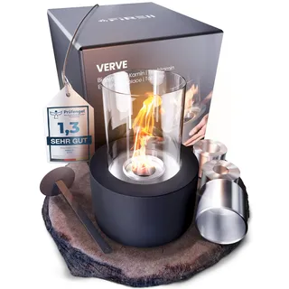 Firell Bioethanol Tischkamin schwarz aus [massivem Beton] - Ethanol Tischfeuer Indoor & Outdoor | Tischofen wärmend mit 3h Brenndauer | sicheres Tisch Kamin Feuer Wohnzimmer Terrasse Garten Balkon