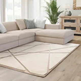 Interiyou Teppich Wohnzimmer Verona - 200x300 cm Creme/Beige - Für Schlafzimmer, Esszimmer, Kinderzimmer - Hochflor mit 3D-Effekt - geometrische Muster - Pflegeleicht