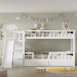 Hausbett mit Rutsche und Treppen 2 Schubladen magnetischer Tür Kinderbett Doppelbett Etagenbett 90*200cm Weiß - Weiß