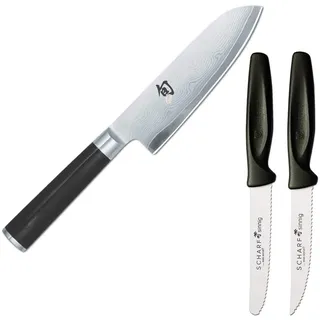 KAI Shun DM-0727 Santoku First-Touch 14 cm & 2x Wüsthof Pizza Messer-Set | Hochwertig handgeschmiedetes Damastmesser aus Japan und scharfe Pizzamesser, Premium Qualität, leicht zu reinigen.
