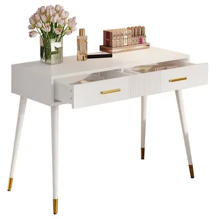 MODFU Schminktisch Kosmetiktisch (Schminktisch mit 2 Schubladen, Metallfüße in Gold, weiß, H76 × B100 × T40 cm – Multifunktional als Frisiertisch & Schreibtisch., 1-St., B100/D40/H76 cm) weiß 100 cm x 76 cm x 40 cm