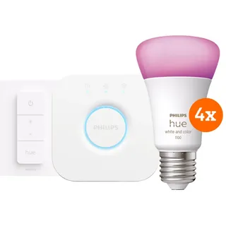 Philips Hue White and Color Starter Pack E27 mit 4 Lampen, Dimmer + Bridge