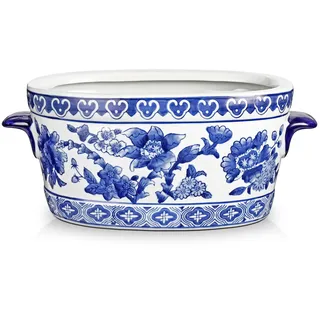 Blau-Weißer Keramikvase– Ovaler Übertopf im Porzellan-Stil mit Blumenmuster – Dekorative Schale Pflanztopf für Zimmerpflanzen, Orchideen & Kunstblumen – 27 cm