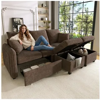Merax Ecksofa U-förmiges Schlafsofa mit Staufunktion, Tagesbett Sofa Wohnzimmersofa aus Chenille-Bezug 1 Teile, 3-Sitzer-Ecksofa mit 2 Schubladen & 2 Hocker mit Stauraum, Polstersofa braun