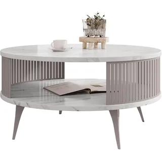 Mirjan24 Couchtisch mit Ablage Rajkon, Runde Form, Metallbeine, Kaffeetisch, Wohnzimmertische, Beistelltisch, Sofatisch, Teetisch (Bianco Marmor/Cashmere)
