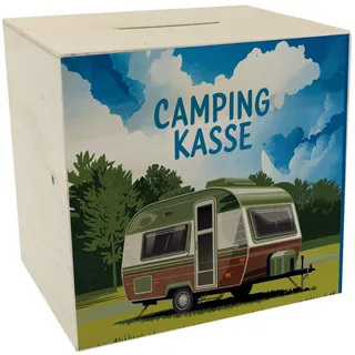Wohnwagen auf Feld - Camping Kasse Spardose aus Holz Wohnmobil Illustration im Aquarellstil Farben Perfekte Camper Campingplatz