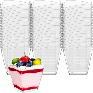 KAHEIGN 60Pcs Mini Desserttasse Dessertbecher, Φ5,5 x Höhe 5,7cm 100ml Dessertschälchen Plastik Quadratische Dessertbecher Klare Wiederverwendbare Servierschale für Dessert Pudding Mousse Party