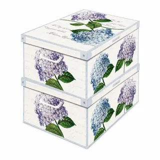 Lavatelli Set aus 2 Aufbewahrungsboxen mit Deckel – Große Kleiderboxen aus Karton 40x50x25 cm – Robust, leicht zu montieren, mit Tragegriffen – Perfekt für Kleiderschrank & Saisonwechsel Hortensien